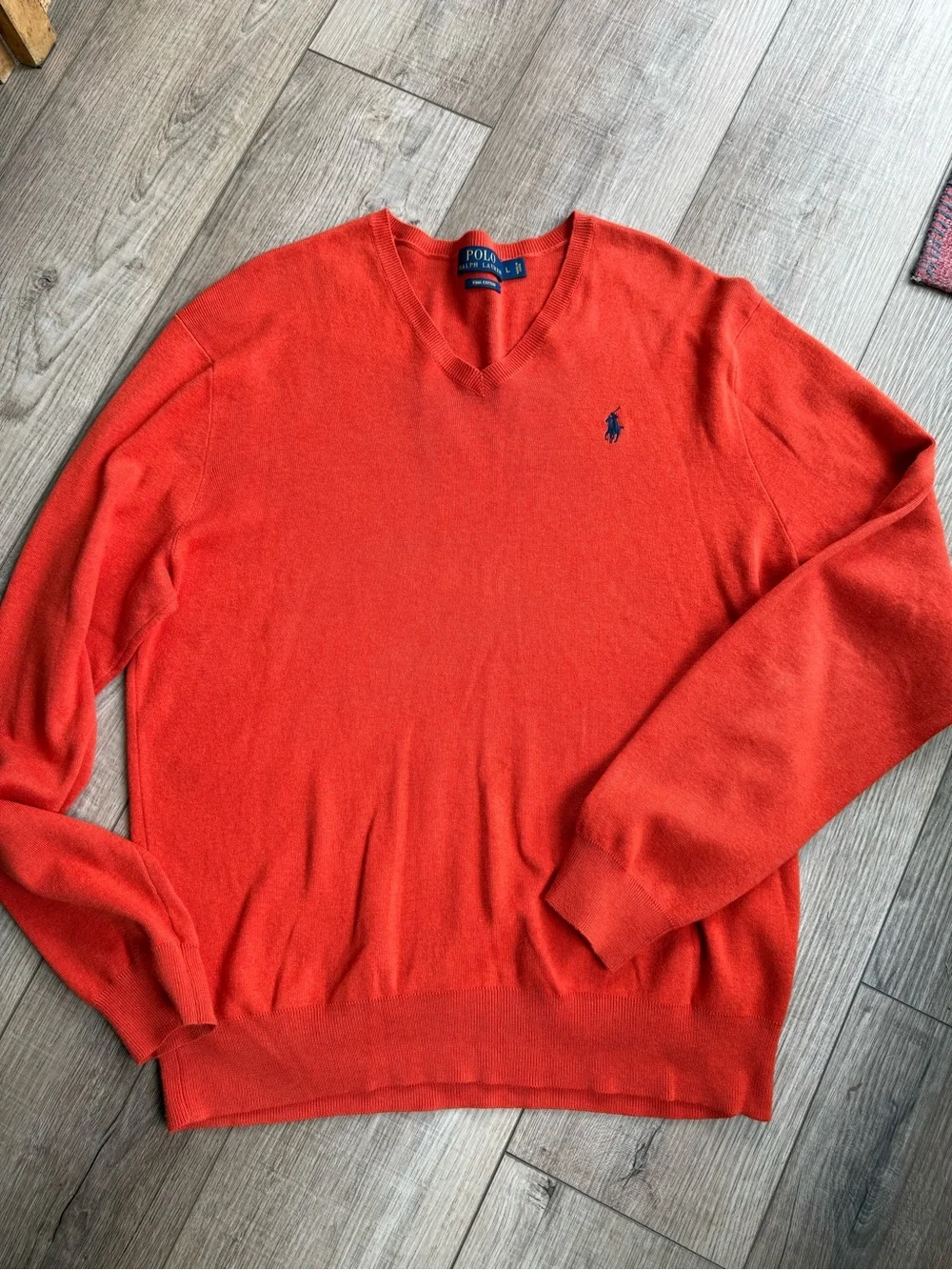 Polo by Ralph Lauren Men's V-Neck Sweater in Bright Orange with Navy Logo